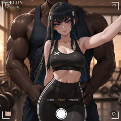 1boy 1girl abs ai_generated arm_behind_back arm_up armpits bare_shoulders biceps black_hair black_pants black_sports_bra black_tank_top blue_eyes blurry_background blush breasts cleavage closed_mouth clothing collarbone dark-skinned_male dark_skin dumbbell english_text female gym hair_ornament hairclip hand_on_another's_hip head_out_of_frame height_difference hetero high-waist_pants indoors interracial kill_la_kill kiryuuin_satsuki large_breasts long_hair looking_at_viewer male manly medium_breasts midriff muscle muscular muscular_male navel pants recording smile sports_bra sportswear sweat tank_top thick_eyebrows thigh_gap thighs tight_clothes tight_pants vantawaifu veins veiny_arms very_dark_skin yoga_pants