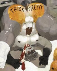 ass ass_focus balls ballsack big_ass blush blush_lines blushing chocolate_on_body chocolate_on_penis chubby chubby_male cum cum_in_ass cum_on_body cumshot cumshot_on_face furry furry_male furry_only gay grey_hair male_only nipples painted_ass pecs penetration penis pumpkin raccoon raccoon_ears raccoon_tail short_hair socks socks_only tie trick_or_treat upside-down