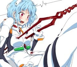 blood blue_hair blush breast_torture clothing crying crying_with_eyes_open female gore guro highres imao_kiiru impaled lance_of_longinus neon_genesis_evangelion plugsuit punctured_breast red_eyes rei_ayanami small_breasts stabbing tears weapon