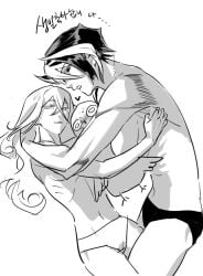 1other 2girls curly_hair da1_sae embrace female female_only hair_between_eyes hug long_hair lyza_(made_in_abyss) made_in_abyss monochrome ozen panties short_hair sideboob sketch topless topless_female two-tone_hair wavy_hair yuri