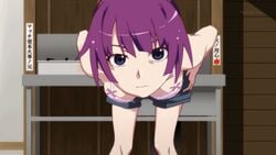 animated blue_eyes bra female midriff monogatari_(series) official_art panties purple_hair senjougahara_hitagi short_hair short_shorts shorts solo underwear undressing