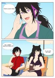 1boy 2girls amber_eyes beach black_hair blake_belladonna gradient_hair ibanews1 lie_ren no_sex pink_eyes ruby_rose rwby silver_eyes text text_bubble