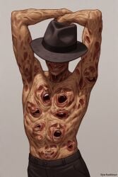 a_nightmare_on_elm_street ai ai_generated arms_above_head arms_behind_back arms_up burned burnt fedora freddy_krueger front_view gore hat hidden_face male nightmare_on_elm_street pants scar_faces scarred shadowed_eyes slasher slender_body solo topless_male