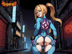 2026 2d 2d_(artwork) ai_art ai_assisted ai_generated ass ass_focus dithering from_behind gigatsu inviting inviting_to_sex limited_palette looking_back metroid nintendo patreon patreon_username pixel_(artwork) pixel_art retro retro_artstyle samus_aran zero_suit_samus