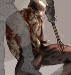bara barazoku bulge bulge_down_leg bulge_through_clothing bulge_under_clothes clothed erection erection_under_clothes hairy hairy_male leland_coyle malesub necrocto outlast outlast_trials shirtless submissive submissive_male topless