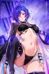 earring hoyoverse mihoyo ponytail promeia_(zenless_zone_zero) purple_eyes solo yuki0art zenless_zone_zero