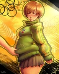 1girls ass bbw belly blush chie_satonaka chubby_female fat_ass grabbing groping groping_belly huge_ass huge_thighs looking_away metrack newmetrack persona persona_4 satonaka_chie tagme