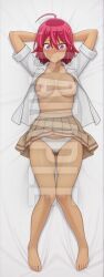 1girls ai_generated arms_up blush bokutachi_wa_benkyou_ga_dekinai breasts clothed clothing dakimakura embarrassed female full_body hi_res high_resolution highres lying lying_on_back nipples panties patreon purple_eyes red_hair sleeplessnighty solo solo_focus tagme takemoto_uruka watermark