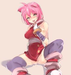 ahoge amy_rose amy_rose_(boom) animal_ears bare_shoulders black_legwear blush breast_slip breasts dress female green_eyes humanized large_breasts naso4 nipples one_breast_out open_mouth personification pink_hair pussy_peek sega simple_background sitting smile solo sonic_(series) sonic_boom sweat thighhighs tongue