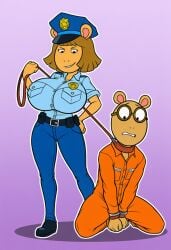 aardvark abstract_background aged_up ai_generated anthro arthur_(series) arthur_read belt belt_buckle belt_pouch big_breasts bottomwear breasts brother brother_and_sister brown_body brown_fur brown_hair clenched_teeth clothed clothing collar curvy_figure d.w._read dominant dominant_female duo eyewear female fur furry glasses hair handcuff handcuffed hi_res huge_breasts implied_incest jumpsuit leash leash_pull looking_down male male/female mammal narrowed_eyes orange_clothing pants police police_badge police_hat police_officer police_uniform prison_uniform shirt sibling simple_background sister smile smug standing submissive submissive_male teeth topwear uniform