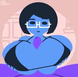 1boys 1girls animated bikini bikini_top black_hair blue_skin boobjob breasts corporate_art corporate_memphis gif glasses heart huge_breasts huge_penis married_female milf mob_face octotron2000 penis purple_skin ring self_upload short_hair spoken_heart titjob wedding_ring