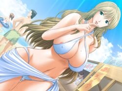 1male areolae bare_shoulders beach bikini blonde_hair blue_eyes breasts cameltoe clouds female finger_to_mouth game_cg huge_breasts ishihara_souka legs licking long_hair mole navel oohara_aoi shimai_tsuma_3 sky standing sunlight sweat swimsuit thighs wet