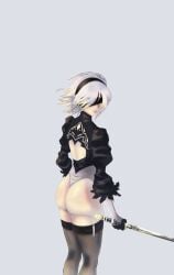 1girls ass big_ass big_butt blindfold blindfolded blindfolded_female butt female_focus gloves katana nier nier:_automata short_hair solo solo_female solo_focus standing sword thighhighs thighs white_hair yorha_2b