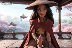 1boy 1boy1girl 1girls ai_generated ajirogasa architecture artist_name black_hair bottomless brown_eyes cape cherry_blossoms cum day disney east_asian_architecture erection female girl_on_top handjob hat hetero hi_res lips long_hair looking_at_viewer outdoors parted_lips penis petals pov r34arts raya_(ratld) raya_and_the_last_dragon red_cape solo_focus twitter_logo uncensored