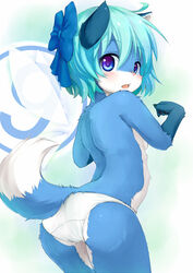 ahoge animalization anthro ass bangs blue_fur blue_hair blush blush_stickers bow breasts cirno clothes color cowboy_shot embarrassed female female_only fingernails fox fur furry furry_tail hair_ornament hairbow kagerofu looking_at_viewer looking_back looking_over_shoulder no_humans nose open_mouth panties raised_tail short_hair side_view sideboob solo standing tail topless touhou underwear white_fur white_panties wings