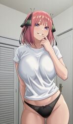 1girls ai_generated big_boobs big_breasts blue_eyes curvy curvy_female curvy_figure go-toubun_no_hanayome huge_breasts large_breasts light-skinned_female light_skin looking_at_viewer mature_female nakano_nino panties red_hair shao145 shiny_skin smile solo solo_female standing t-shirt underwear