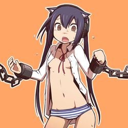 animal_ears azusa_nakano_(k-on!) black_hair bondage brown_eyes chains dress_shirt flat_chest headphones human human_only k-on! long_hair nns_(sobchan) open_clothes open_mouth open_shirt panties shirt striped striped_panties tears underwear