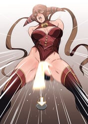 bare_shoulders closed_eyes conchita female god_hand greco_roman_(spiral_brain) gureko_rouman highres horns red_legwear solo thighhighs thighs wince