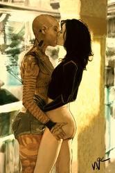 2girls ass_grab bald bald_female bioware black_hair bottomless eyes_closed female female_only jack_(mass_effect) juyan16 kissing lesbian mass_effect mass_effect_2 miranda_lawson multiple_girls passionate romantic softcore subject_zero yuri