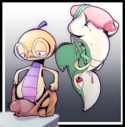 2026 2futas 2girls black_eyes disembodied_penis futa_on_female generation_5_pokemon glasses green_skin grinding half-closed_eyes hanging_upside_down orange_skin penis piercings plump_labia pokemon pokemon_(species) pokemon_bw puffy_pussy pussy pussyjob red_eyes rippledvoice rubbing rubbing_pussy scraggy self_upload shortstack smaller_female snivy standing_on_tip_toes tan_skin thick_thighs upside-down vines