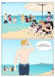 2boys 9girls amber_eyes arslan_altan beach black_hair blake_belladonna blonde_hair blue_eyes dark-skinned_female ginger_hair glynda_goodwitch gradient_hair green_eyes ibanews1 jaune_arc lie_ren light-skinned_female light-skinned_male nora_valkyrie penny_polendina pink_eyes pyrrha_nikos raven_branwen red_eyes red_hair ruby_rose rwby silver_eyes swimsuit text text_bubble yang_xiao_long