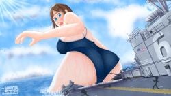2022 accidental_destruction aircraft_carrier american_flag ass_focus blue_eyes blue_swimsuit brown-haired_female brown_hair brunette brunette_hair daikaitenf destruction extreme_size_difference fighter_jet giantess hair_pin helicopter larger_female light-skinned_female light_skin light_skinned_female macro macro_female oc ocean ocean_background one_piece_swimsuit original_character outdoor_background outdoors rear_view sinking_ship size_difference stick_figure swimsuit