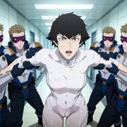 ai_generated bodysuit camel_toe cameltoe captured captured_female captured_hero captured_heroine damsel_in_distress dark_hair dark_hair_female eye_contact fight grabbed_by_arm grabbed_from_behind guards hallway in_trouble lady_(devil_may_cry:netflix) looking_at_viewer medium_breasts open_mouth panicked_look struggling surprised surprised_expression surprised_face surrendering surrounded surrounded_by_men tight_clothing weapons white_bodysuit white_clothes white_clothing