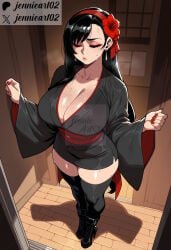 1girl ai_generated alternate_costume artist_name bangs black_footwear black_hair black_kimono black_legwear black_thighhighs blush boots breasts cleavage closed_eyes closed_mouth clothing collarbone dangle_earrings doorway earrings english_text eyeshadow female flower footwear from_above full_body hair_flower hair_ornament hairband high_heel_boots high_heels huge_breasts japanese_clothes jennieart02 jewelry kimono large_breasts legwear long_hair long_sleeves makeup nail_polish patreon patreon_logo patreon_username red_eyeshadow red_flower red_hairband red_nails red_sash robe sash shiny_skin short_kimono solo standing sweat swept_bangs thick_thighs thighhighs thighs tifa_lockhart traditional_clothes twitter twitter_username veins very_long_hair wafuku watermark web_address wide_sleeves zettai_ryouiki