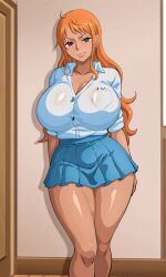1girls ai_generated big_boobs big_breasts curvy curvy_female curvy_figure gyaru huge_breasts large_breasts looking_at_viewer mature_female nami_(one_piece) one_piece orange_hair school_uniform shao145 shiny_skin shirt skirt solo solo_female standing tan_body tan_skin tanned tanned_female tanned_skin