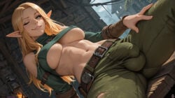 16:9 ai_generated beautiful blonde_hair bulge busty elf elf_ears fantasy futanari horny_cultist_artist patreon penis_bulge sexy sitting smug teasing wallpaper wink