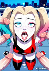 1girls 6+boys ai_generated artist_name black_choker blonde_hair blue_eyes blue_hair breasts choker cum cum_in_mouth cum_on_body cum_on_tongue dc dc_comics eyeshadow facial female_human fingerless_gloves gloves gradient_hair harley_quinn harley_quinn_(series) hetero hi_res kneeling lipstick looking_at_viewer looking_up lustboxai makeup multicolored_hair multiple_boys open_mouth penis pink_hair red_lips solo_focus surrounded_by_penises thighhighs tongue tongue_out twintails uncensored
