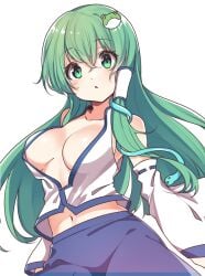 1girl 1girls background big_boobs big_breasts blank_background breasts breasts_apart busty busty_female busty_girl eyebrows_visible_through_hair game_character green-eyed_female green-haired_female green_eyes green_hair head_tilt inframammary_fold kantai_collection konnyaku_(kk-monmon) large_boobs large_breasts looking_down looking_down_at_viewer monotone_background one_color_background plain_background solid_color_background standing suzuya_(kantai_collection) tilted_head video_game video_game_character video_games white_background