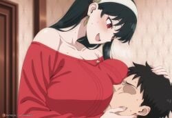 1girl absurd_res absurdres ai_generated big_breasts black_hair blush blushing breasts breasts_bigger_than_head clothed diadem dress earrings eyelashes face_in_breasts faceless_male female female_focus fringe fully_clothed girl hand_on_head hentai hi_res high_quality high_resolution highres horny hot huge_breasts long_hair looking_at_another looking_at_partner looking_pleasured pose posing red_dress red_eyes rubbing sawahebi seductive seductive_look seductive_pose sexy sexy_body sexy_female sexy_pose spy_x_family voluptuous voluptuous_female white_body yor_briar yor_forger