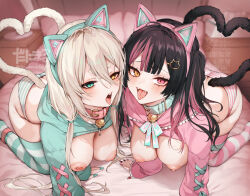 2girls ahoge all_fours animal_ear_hairband animal_ears aqua_belt aqua_choker aqua_collar aqua_eyes aqua_hairband aqua_hoodie aqua_nails aqua_shrug aqua_thighhighs ass bedroom bell belt belt_collar black_hair black_tail blurry blurry_background blush breasts cat_ear_hairband cat_ears cat_hair_ornament cat_tail choker collar danimaru fake_animal_ears fangs fingernails gradient_ribbon hair_ornament hairband hairclip heart heart_tail hetero heterochromia hood hoodie indoors jingle_bell large_breasts long_hair long_sleeves looking_at_viewer multicolored_hair multicolored_thighhighs multiple_girls nail_art nail_polish neck_bell neck_ribbon nipples open_mouth original panties pink_belt pink_choker pink_collar pink_eyes pink_hair pink_hairband pink_nails pink_panties pink_sailor_collar pink_shrug pink_thighhighs ribbon sailor_collar short_eyebrows shrug_(clothing) smile streaked_hair striped_clothes striped_panties striped_thighhighs tail teeth thighhighs tongue tongue_out two-tone_hair two-tone_thighhighs underwear upper_teeth_only white_hair white_tail white_thighhighs yellow_eyes