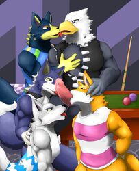 2014 animal_crossing anthro apollo_(animal_crossing) beak canine chief_(animal_crossing) clothing croiyan cum cum_on_penis eagle erection fang_(animal_crossing) feathers furry furry_only gay group group_sex half-closed_eyes inside lobo_(animal_crossing) male male_only mammal muscles nintendo open_mouth orgy penis room sex shirt squint tongue tongue_out video_games wmruckwr wolf wolfgang_(animal_crossing) yellow_eyes