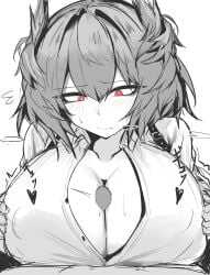 1boy 1girl absurdres arknights blush breasts censored cleavage commentary fiammetta_(arknights) highres large_breasts mitarashi_renge mosaic_censoring open_clothes open_shirt paizuri partially_unbuttoned penis pov pov_crotch red_eyes shirt short_hair upper_body