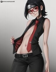 1girls belly black_hair boruto boruto:_naruto_next_generations colored_nails female glasses naruto naruto_(series) pink_nails red_eyes red_glasses sarada_uchiha semi_nude sexyexxchi short_hair small_breasts smile solo uchiha_sarada woman