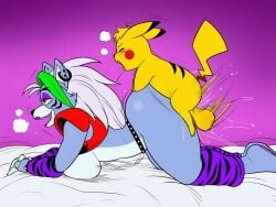 ai_assisted ai_generated all_fours anthro bed big_ass big_balls big_breasts bouncing_balls crossover doggy_style feral_penetrating_anthro fnaf pikachu pokemon pokemon_(species) pokephilia rikocausa roxanne_wolf_(fnaf) size_difference