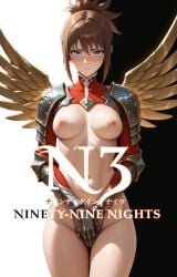 1girl ai_assisted ai_couture ai_generated armor armored_dress bangs blue_eyes blush bottomless breasts_out brown_hair brown_hair_female clothing_cutout covering_crotch embarrassed embarrassed_nude_female enf female female_only gauntlets gloves inphyy medium_breasts microsoft ninety_nine_nights ponytail short_hair sidelocks