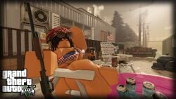 3d 3d_(artwork) american_flag american_flag_bikini annoyed bandana bikini black_hair boxingstudio breasts elf elf_female female female_only flies flies_for_smell grand_theft_auto grand_theft_auto_v hidden_character loading_screen piercings redneck roblox roblox_studio robloxian shotgun shotgun_shell soda sunglasses tanned tanned_skin trailer_park trailer_trash uninterested