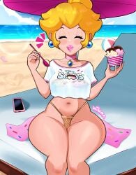 1girls alternate_version_available beach beach_ball beach_chair big_lips bikini bikini_bottom bikini_top bimbo bimbo_lips blonde_hair bottomwear breasts chair choker closed_eyes ear_piercing earrings female female_only hair heart hearts hips holding_object ice_cream lips lipstick mario_(series) medium_breasts nail_polish nails neckwear nintendo phone pink_lips pink_lipstick pink_nail_polish pink_nails princess_peach sand sarong_aside shirt sitting smile solo solo_female spoon swimwear themed_clothes thick_lips thick_thighs thighs tied_hair topwear white_shirt wide_hips wiluma