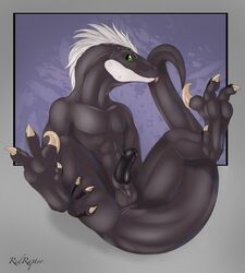 2014 anthro anus balls black_penis black_scales claws dinosaur erection feathers green_eyes penis raptor redraptor16 scalie thaine thaine_(character) tongue