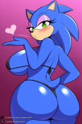 1female 1girl 2026 ai_generated animal_ears artist_name ass big_ass big_breasts bikini black_bikini blowing_kiss blue_fur blue_hair blush breasts cowboy_shot curvy female_sonic_the_hedgehog from_behind furry furry_female genderswap genderswap_(mtf) gradient gradient_background green_eyes heart hi_res high_quality high_resolution highres huge_ass huge_breasts large_breasts looking_at_viewer looking_back makeup patreon patreon_username puckered_lips solo sonic_(series) sonic_the_hedgehog sonic_the_hedgehog_(series) standing swimsuit tail thick_thighs thighs thong thong_bikini unjobdespiert watermark wide_hips