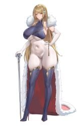 1girl blonde_hair blue_boots blush bodysuit boots breasts character_request closed_mouth commission copyright_request covered_navel elbow_gloves full_body gloves grey_eyes hand_on_own_hip high_heel_boots high_heels highres large_breasts long_hair looking_at_viewer shuiruoqing simple_background solo standing thick_thighs thigh_boots thighs very_long_hair white_background white_bodysuit white_gloves