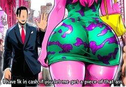 1boy 1girls ai_generated ashido_mina ass_focus black_suit boku_no_hero_academia city faceless_male highres holding_purse huge_ass long_hair_female mina_ashido pink_hair pink_skin purse red_light_district rizz selvokaz short_skirt soliciting tagme