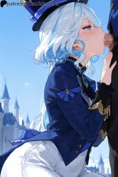 1boy1girl 1girls ai_generated blowjob blush fellatio female female_focus from_side furina_(genshin_impact) genshin_impact krowenx male/female multicolored_hair oral oral_sex penis penis_in_mouth saliva sucking sucking_penis uncensored