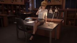 1girls 3d blonde_hair clothed cross_necklace desk glasses high_heels kate_marsh koomer life_is_strange looking_at_viewer on_desk sitting solo