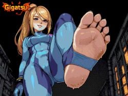 2026 2d 2d_(artwork) ai_art ai_assisted ai_generated barefoot dithering dominant dominant_female feet female_domination foot_fetish foot_focus from_below gigatsu limited_palette nintendo patreon patreon_username pixel_(artwork) pixel_art retro retro_artstyle samus_aran sole_female soles toeless_legwear toes zero_suit_samus