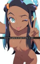 1female 1girl ai_generated beta_safe black_hair blue_eyes blue_hair breasts caption censored completely_nude dark-skinned_female dark_skin female girl goon.addct long_hair looking_at_viewer medium_breasts mosaic_censoring naked navel nessa_(pokemon) nipples nude one_eye_closed one_hand_up peace_sign pixelated pokemon pokemon_ss pussy selfie selfie_pose shaved_pussy smirk smug snapchat solo standing sticking_out_tongue talking_to_viewer teasing teasing_viewer text tongue tongue_out two-tone_hair white_background wink winking