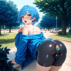 1boy 1femboy 2025 anal anal_insertion anus anus_cutout ass balls ballsack bent_over big_ass bike_shorts black_shorts blue_hair blue_hoodie blush buttplug civitai crossdressing cut_out cutout deathbring femboy feminine_male girly green_eyes hoodie looking_at_viewer looking_back no_panties open_mouth outdoors outside park shorts solo steamy_breath sweat sweatdrop testicles thick_thighs thighs tight_shorts trap
